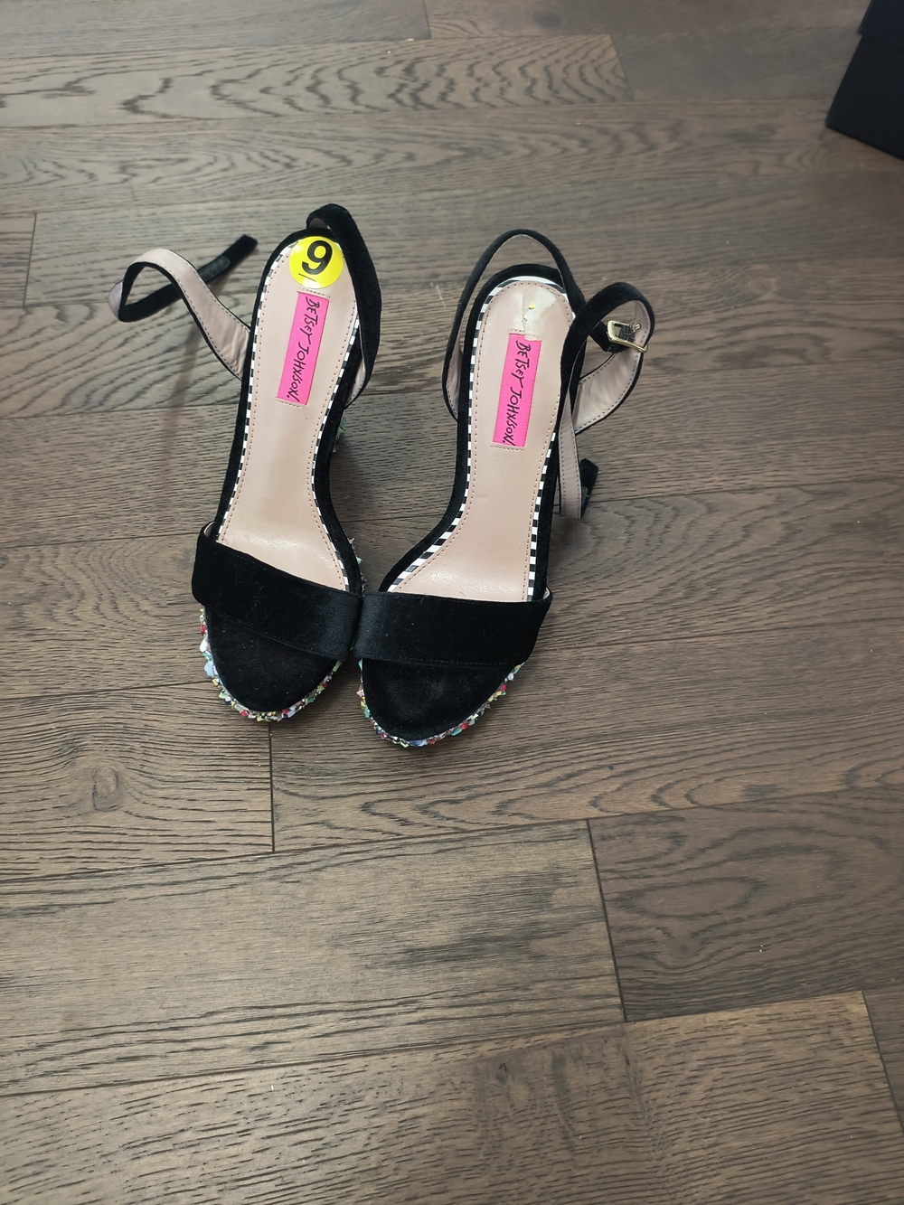 Betsey Johnson Black Velvet Beaded Trim Ankle Strap Heels